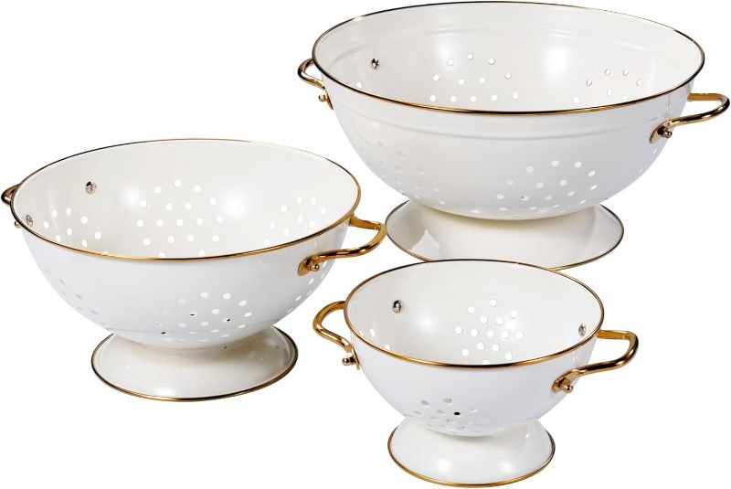 Photo 1 of Metal Colander Set of 3, Strainer Basket with Handles perfect for Spaghetti, Pasta, Berry, Vegetable, Fruit, Solid Base Powder Coated Kitchen Essential Strainer Set, 1 & 3.5 & 5 Qt (Cream)
