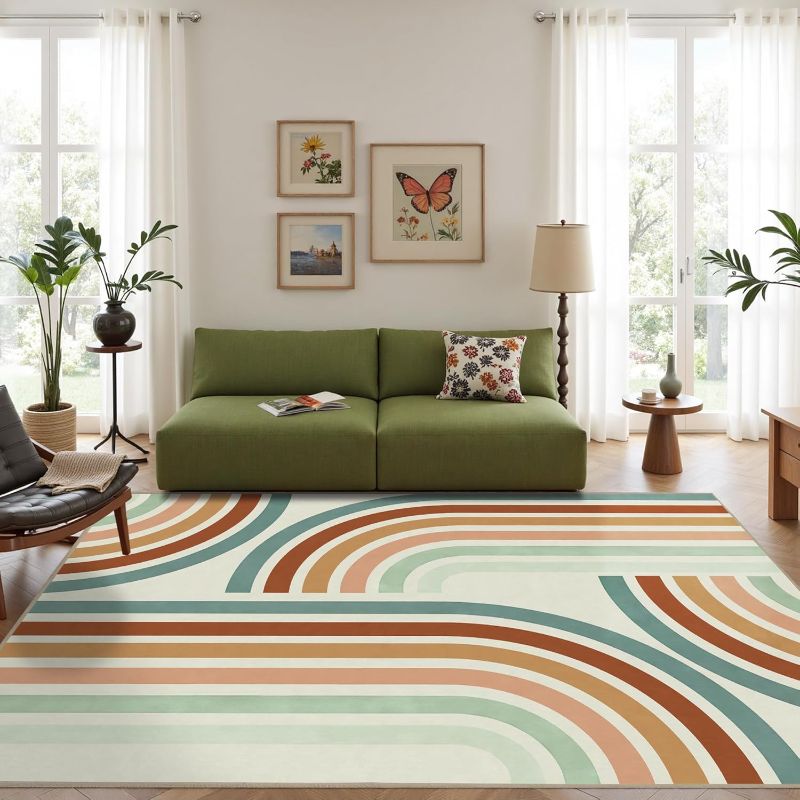 Photo 1 of Indoor Outdoor Area Rug, Mid Century Modern Multicolored Outdoor Patio Rug,Washable Abstract Art Rainbow Rugs Non-Slip Carpet for Camping, Bedroom, Deck(8x10)

