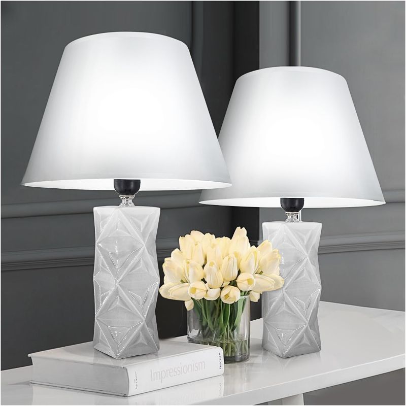 Photo 1 of Levigo Ceramic Table Lamps Set of 2, 11" Bedside Lamps Modern Nightstand Lamp Desk Reading Lamp for Bedroom, Living Room, Office, 2 Bulbs Included (White)
