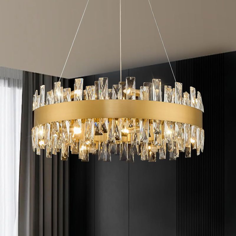 Photo 1 of Modern Crystal Chandelier, D23.6'' Brass Round K9 Crystal Gold Raindrop Chandelier for Dining Room, 12 Lights Luxury Ceiling Pendant Light Fixture for Living Room, Bedroom,Kitchen Island
