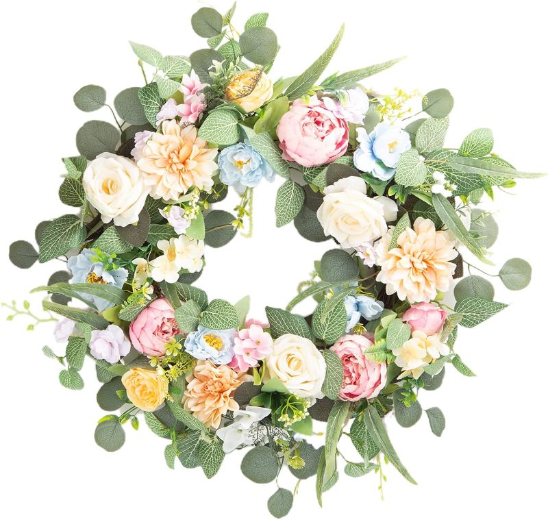 Photo 1 of Honnesserry Summer Wreath for Front Door, Large Door Wreath for Home Decoration, 24IN Farmhouse Spring Eucalyptus Wreaths for Decor
