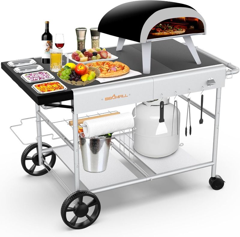 Photo 1 of Pizza Oven Table Grill Cart with Pizza Topping Station Movable Food and Prep Workcart Outdoor Grill Table Stand for Ninja Woodfire Blackstone Griddle Cuisinart etc Grill
