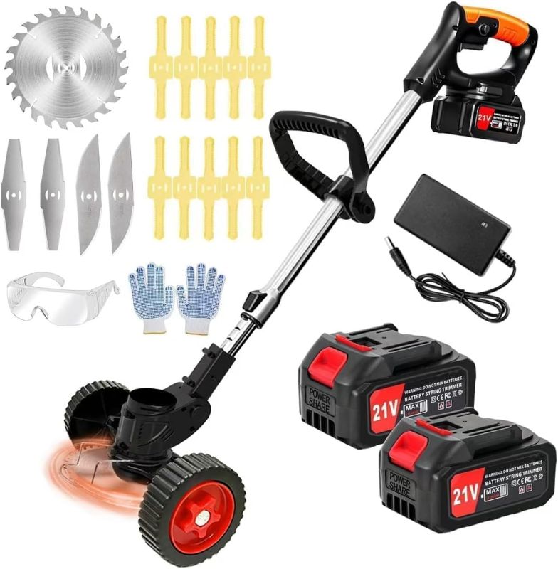 Photo 1 of Electric  Wacker 21V Electric Weed Cordless Eater with 2pcs Batteries and 3 Types Blades&Auxiliary Wheel Weed Trimmer Lightweight 3 in 1 Stringless Grass Trimmer Edger/Brush Cutter for Lawn