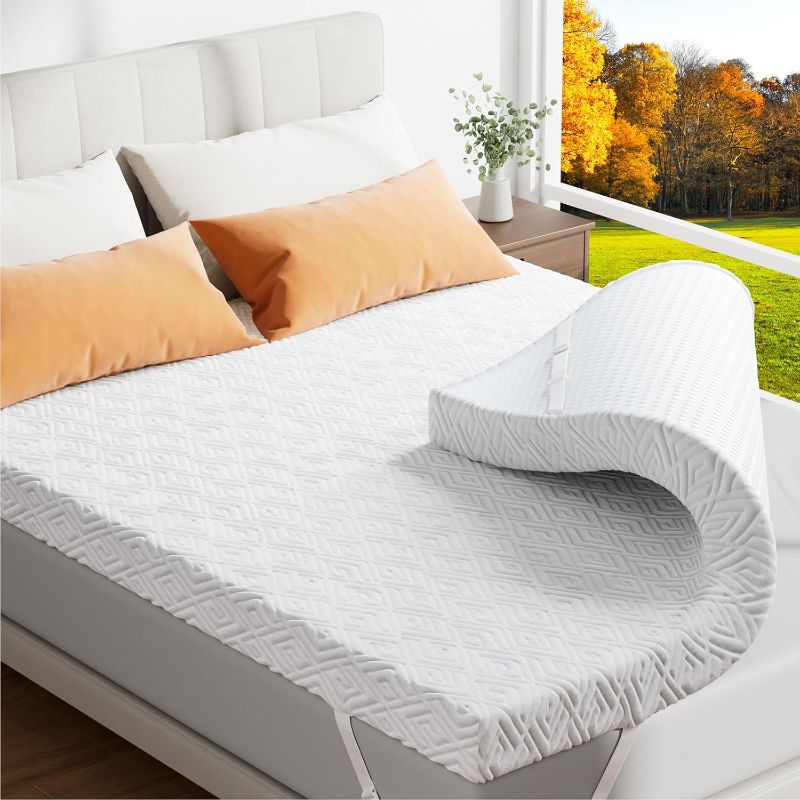 Photo 1 of (Queen) Memory Foam Mattress Topper - 3 Inch Gel Mattress Pad for Pressure Relief, Premium Soft Cooling Sleep Bed Topper, Non-Slip Design with Removable & Washable Cover (White, Queen)