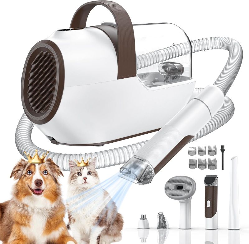 Photo 1 of Dog Grooming Vacuum, Dog Grooming Kit with Pet Clipper Nail Grinder, 3 Suction Modes Dog Brush Vacuum with 6 Pet Grooming Tools (Brown)
