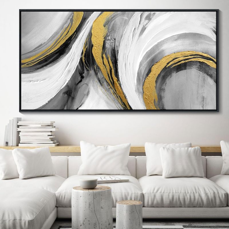 Photo 1 of White Gold Wall Art - Abstract Framed Large Size Black White Gold Hand Drawn Textures Artwork Ink Dances With Gold Canvas Painting for Living Room Office Hallway Bed Above Decor 29"X58"
