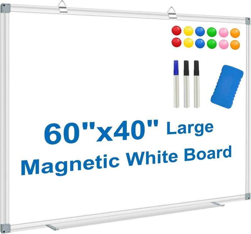 Photo 1 of White Board Dry Erase Whiteboard for Wall 60" x 40" Aluminum Presentation Magnetic Whiteboards with Long Pen Tray, 12 Magnets, 3 Markers & 1 Eraser
