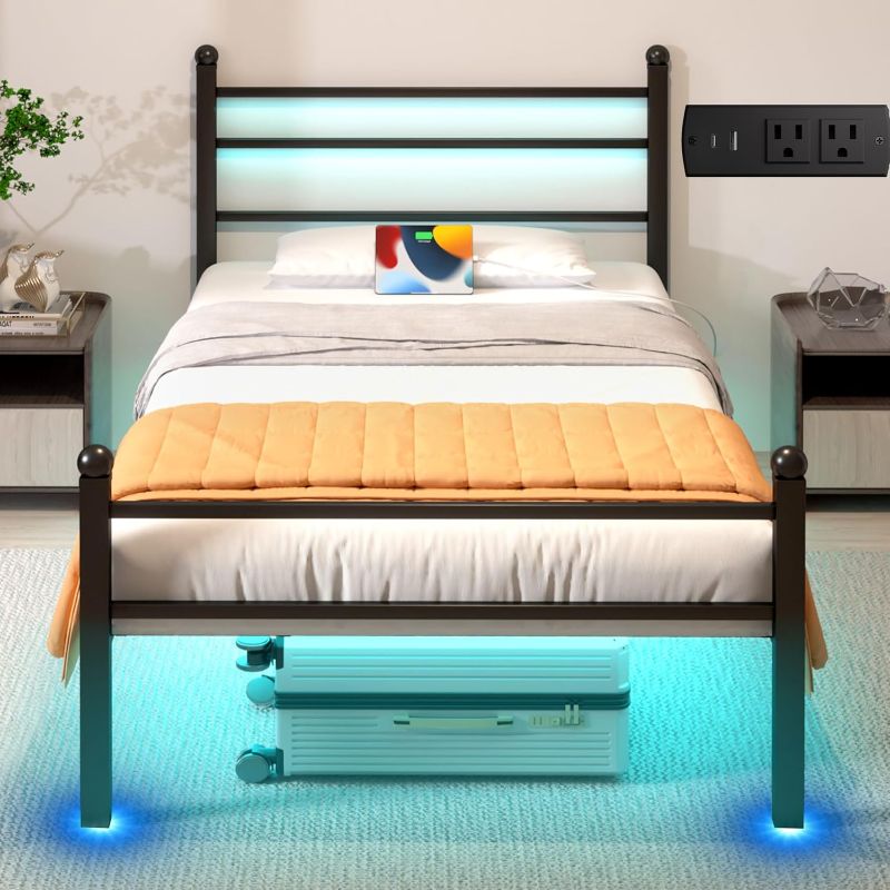 Photo 1 of Twin Bed Frame with LED Lights & Charging Station, Metal Platform Bed with Headboard, Heavy Duty Metal Slats, No Box Spring Needed, Noise Free, Easy Assembly, Black
