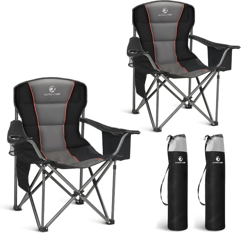 Photo 1 of LET'S CAMP Folding Camping Chair Oversized Heavy Duty Padded Outdoor Chair with Cup Holder Storage and Cooler Bag, 450 LBS Weight Capacity, Thicken 600D Oxford,2 Pack