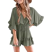 Photo 1 of 2XL - Large Valphsio Womens V Neck Beach Romper Ruffle Layered Drawstring Waisted Shorts Jumpsuit