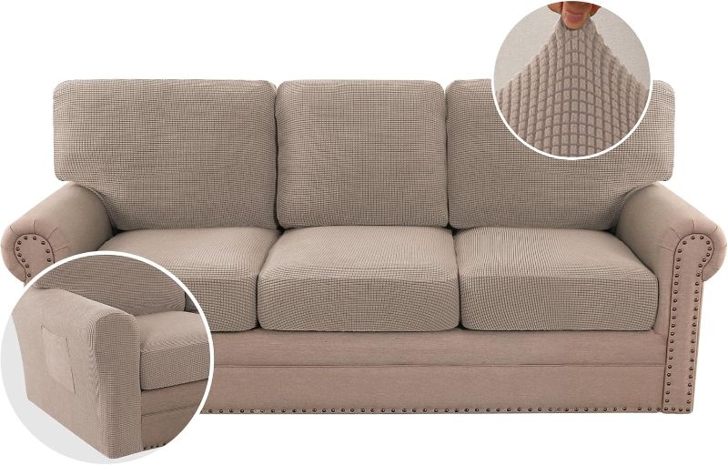 Photo 1 of H.VERSAILTEX Multi-Pieces Sofa Covers Stretch Couch Covers Form Fitted Seats and Back Cushions Covers (3 Seat Covers Plus 3 Back Cusion Covers, Bonus 2 Armrest Covers), Sand