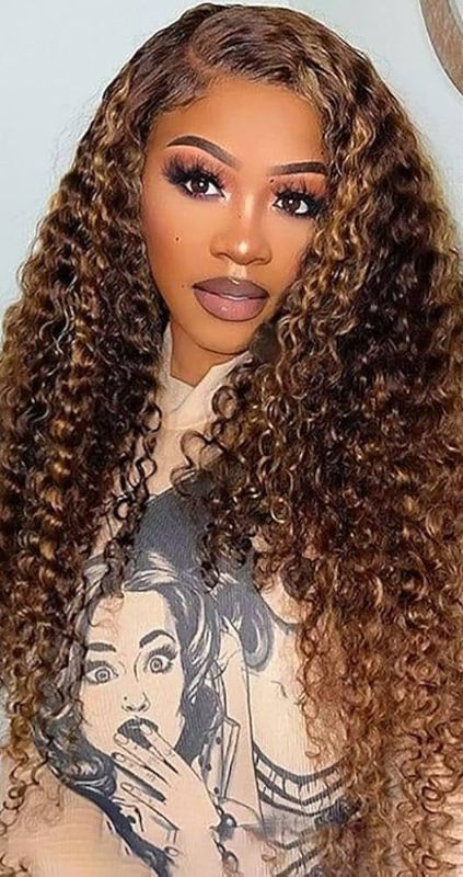 Photo 1 of 20inch Highlight Ombre Lace Front Wig Human Hair 13x6 HD Honey Blonde P4/27 Deep Wave Lace Frontal Wigs Human Hair Pre Plucked 180% Density Curly Water Wave Wigs for women 