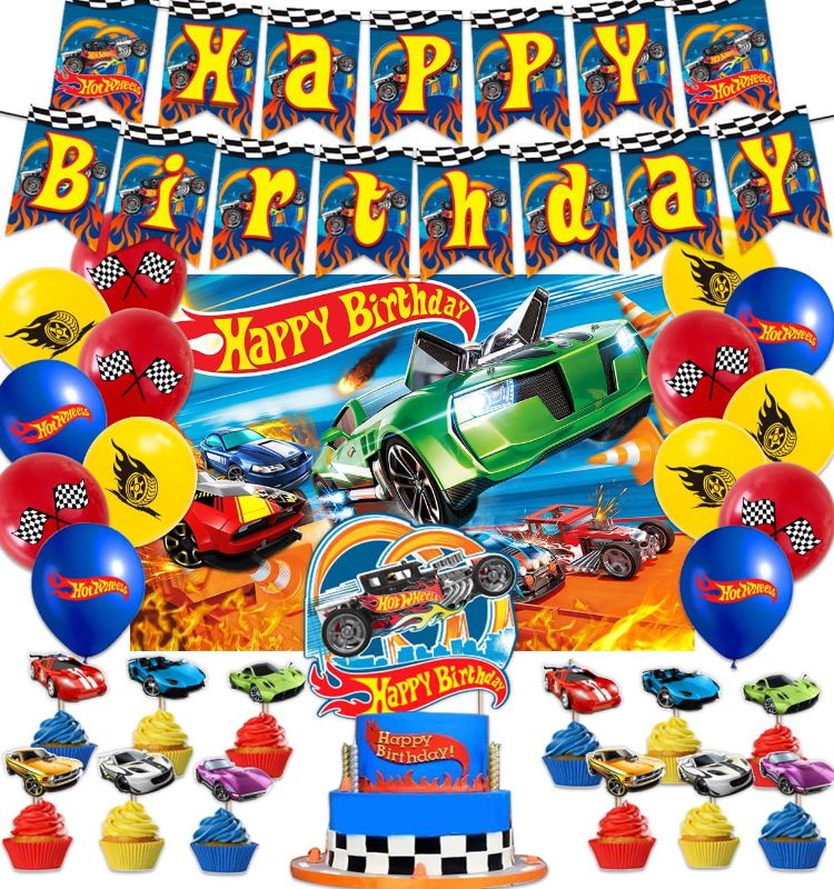 Photo 1 of Hot Car Birthday Party Decorations 30pcs Party Supplies Set 1pc Happy Birthday Banner 1pc Backdrop 15pcs Latex Balloons 12pcs Cupcake Topper and 1pc Cake Topper