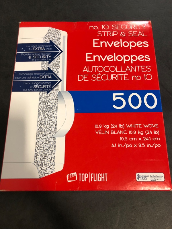 Photo 1 of Top Flight PSTF10NWT #10 Envelopes, Strip & Seal, Security Tinted, White Paper, 24 lb, 500 Count