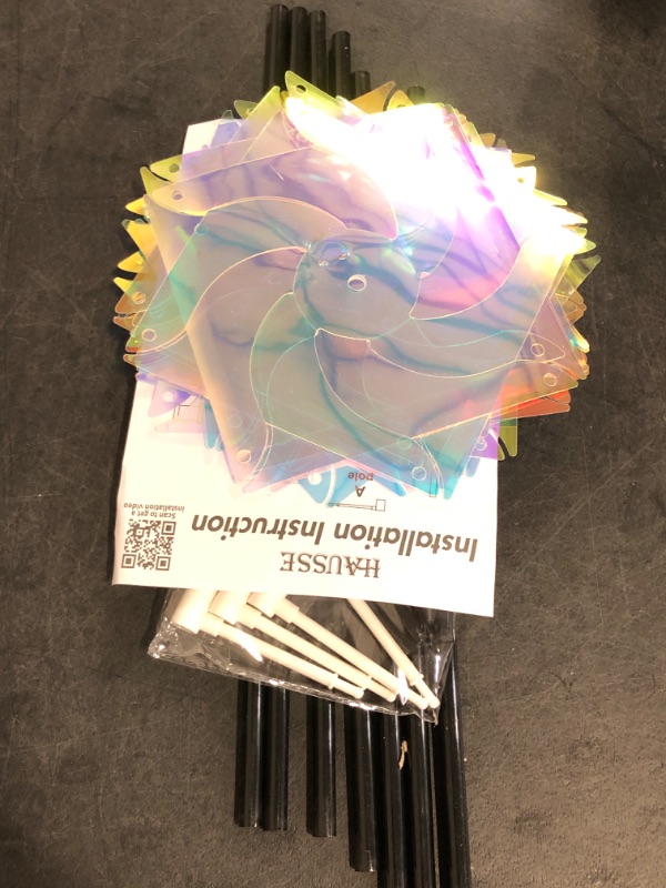 Photo 1 of Hausse 10 Pack Reflective Pinwheels Wind Spinner, Extra Sparkly Pinwheel with Stakes, Bird Repellent Blinder Devices Deterrent to Scare Birds Away from Yard Patio Farm Garden, Transparent Rainbow