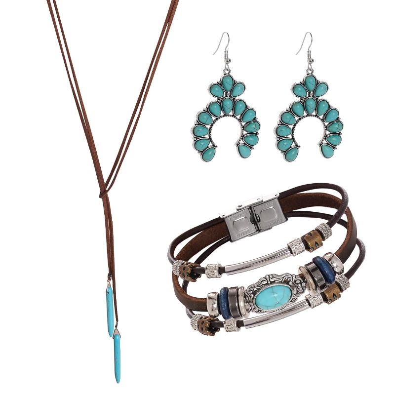 Photo 1 of Bohemian Turquoise Jewelry Set for Women, Vintage Turquoise Necklace Earrings Bracelet for Western Boho Party (Classic)