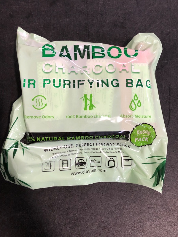 Photo 1 of CLEVAST 6 Pack Bamboo Charcoal Air Purifying Bags(6x60g), Activated Natural Home Odor Absorber, Deodorizer and Moisture Eliminator, Purifier for Closet, Shoe, Car Air freshener, Pet Safe
