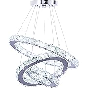Photo 1 of Crystal Chandeliers Modern LED 3 Ring Chandelier Adjustable Ceiling Light Fixtures Pendant Lighting Stainless Steel Hanging Lights for Living Room Dining Room Bathroom Bedroom, Cold White (Round)