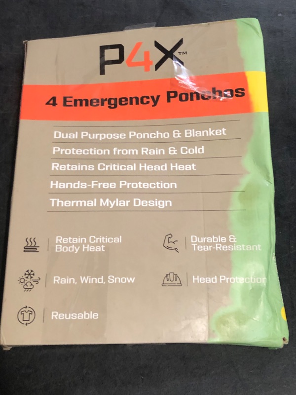 Photo 1 of PREPARED4X Emergency Poncho and Mylar Blanket Liner - Heavey Duty, Waterproof, Wind-Resistant Green Outdoor Rain Poncho for Camping and Car Emergencies - 4 Pack (Orange)