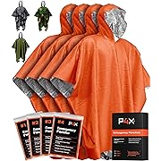 Photo 1 of PREPARED4X Emergency Poncho and Mylar Blanket Liner - Heavey Duty, Waterproof, Wind-Resistant Green Outdoor Rain Poncho for Camping and Car Emergencies - 4 Pack (Orange)