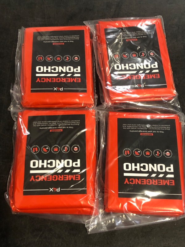 Photo 1 of PREPARED4X Emergency Poncho and Mylar Blanket Liner - Heavey Duty, Waterproof, Wind-Resistant Green Outdoor Rain Poncho for Camping and Car Emergencies - 4 Pack (Orange)