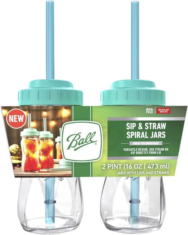 Photo 1 of Ball 1440016024 Sip Straw Contoured Jar, 16 Oz (Pack of 2)
