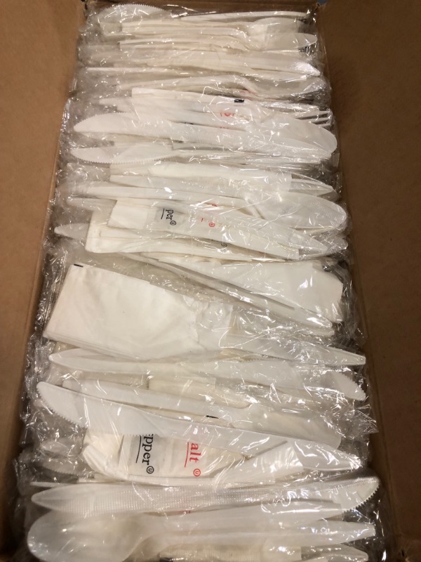 Photo 1 of 250 White Plastic Cutlery Packets - Knife, Fork, Spoon & Napkin Sets with Salt & Pepper - Individually Wrapped, Disposable Silverware