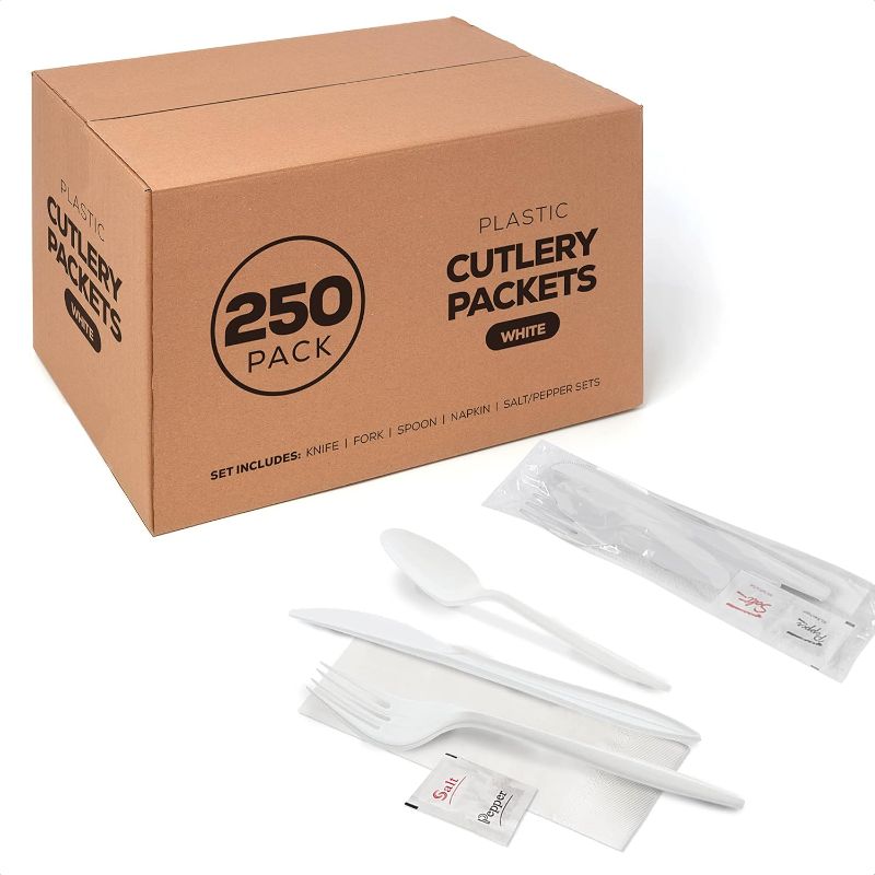Photo 1 of 250 White Plastic Cutlery Packets - Knife, Fork, Spoon & Napkin Sets with Salt & Pepper - Individually Wrapped, Disposable Silverware