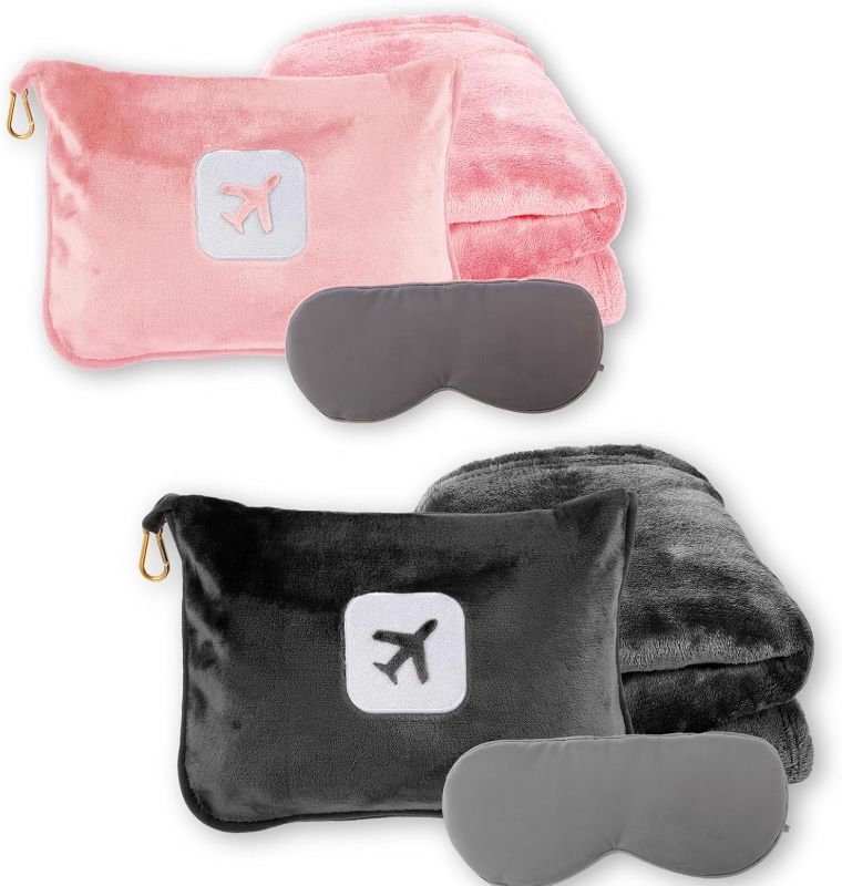 Photo 1 of 2 Pack Portable Travel Blanket and Pillow - Premium Soft 2 in 1 Airplane Blanket with Compact Pack Soft Bag Pillowcase, Hand Luggage Sleeve and Backpack Clip (Gray+Pink)