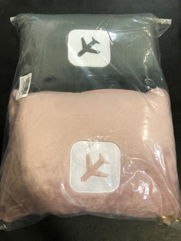 Photo 1 of 2 Pack Portable Travel Blanket and Pillow - Premium Soft 2 in 1 Airplane Blanket with Compact Pack Soft Bag Pillowcase, Hand Luggage Sleeve and Backpack Clip (Gray+Pink)
