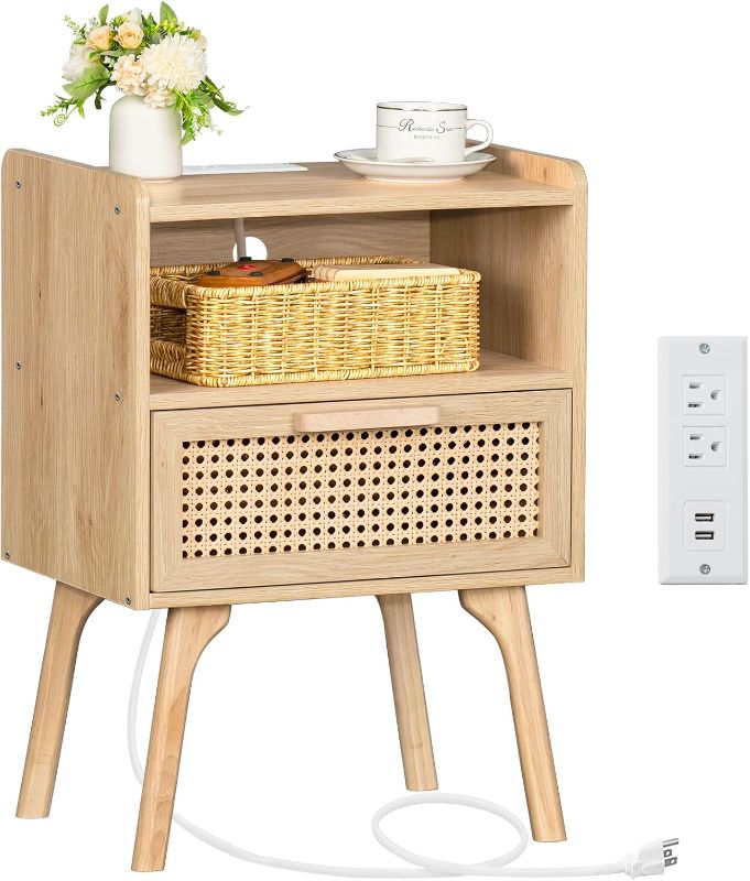 Photo 1 of Lerliuo Rattan Nightstand with Charging Station, Boho Side Table with Drawer Open Shelf, Cane Accent Bedside End Table with Solid Wood Legs for Bedroom, Dorm and Small Spaces