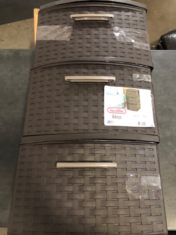 Photo 1 of Sterilite Espresso 26306P02 15" X 12 5/8" X 24" Brown 3 Drawer Weave Tower
