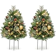 Photo 1 of Somikis 30 Inch Outdoor Christmas Tree Set of 2, Battery Operated Pre-Lit Artificial Small Xmas Tree, w/LED Lights and Realistic Carolina Pine for Pathway, Porch, Driveway, Yard