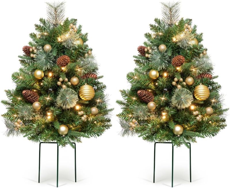 Photo 1 of Somikis 30 Inch Outdoor Christmas Tree Set of 2, Battery Operated Pre-Lit Artificial Small Xmas Tree, w/LED Lights and Realistic Carolina Pine for Pathway, Porch, Driveway, Yard