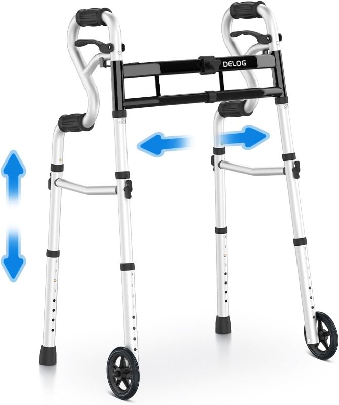 Photo 1 of Delog Narrow Folding Walker for Seniors, 3 in 1 Folding Walker with 5” Front Wheels Width Adjustable Compact Standard Walker Support Up to 350lbs, FSA/HSA Eligible