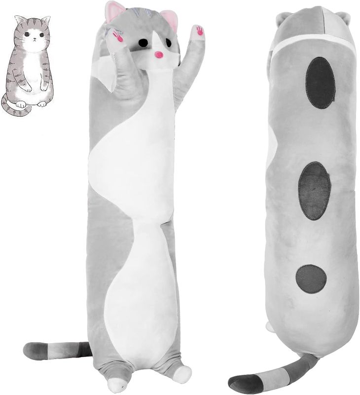 Photo 1 of Grey Long Cat Plush Body Pillow Kawaii Cat Stuffed Toy, Cute Soft Plush Animal Doll, Plushies Decorations for Video Game Fans, Kitten Plush Throw Pillow Doll Gift for Girlfriend & Kids 43.3in/110cm