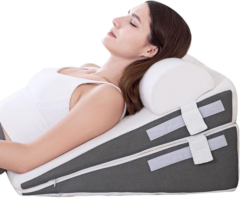Photo 1 of GOHOME Cooling Wedge Pillow Set for After Surgery, 3-Piece Adjustable Memory Foam Bed Wedge Pillow for Sleeping - Acid Reflux, Snoring, Neck Pain and Back Pain, White and Grey