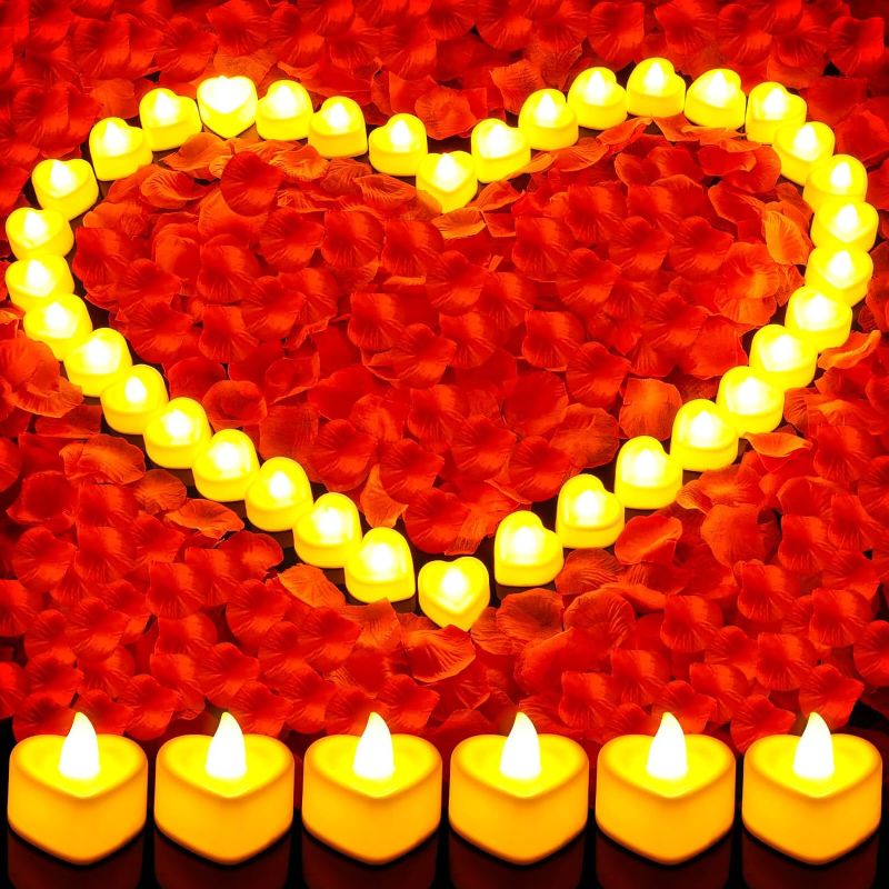 Photo 1 of Rose Petals and Candles Set for Romantic Decoration, 3000 Pcs Red Rose Petals and 36 Pcs Heart Candle Lights for Special Night, Wedding, Anniversary, Valentine Day for Hotel and Bedroom Decor