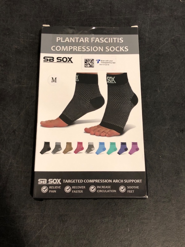 Photo 1 of Size M SB SOX Plantar Fasciitis Relief Socks–Night Splint & Foot Brace for Achilles Tendonitis, Heel Pain, and Arch Support–Foot Compression Sleeve for Recovery, Foot Swelling, and Fatigue (Black, Medium)