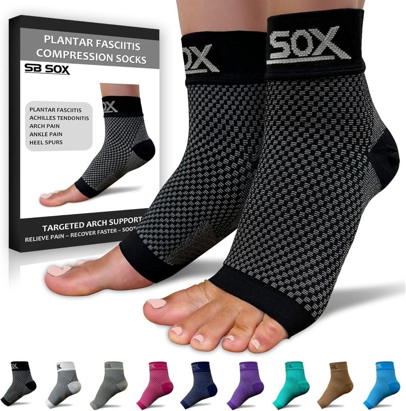 Photo 1 of Size M SB SOX Plantar Fasciitis Relief Socks–Night Splint & Foot Brace for Achilles Tendonitis, Heel Pain, and Arch Support–Foot Compression Sleeve for Recovery, Foot Swelling, and Fatigue (Black, Medium)