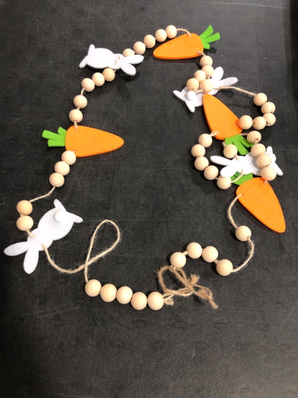 Photo 1 of 7.5 FT Easter Bunny & Carrot Garland, Felt and Wooden Beads Bunny Garland | Rustic Farmhouse Easter Decorations for Home Bar Party, Shelf Display, Fireplace, Wall Decor