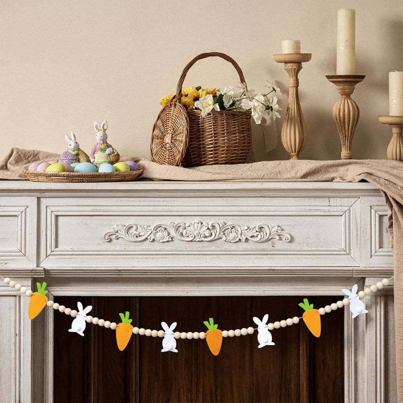 Photo 1 of 7.5 FT Easter Bunny & Carrot Garland, Felt and Wooden Beads Bunny Garland | Rustic Farmhouse Easter Decorations for Home Bar Party, Shelf Display, Fireplace, Wall Decor