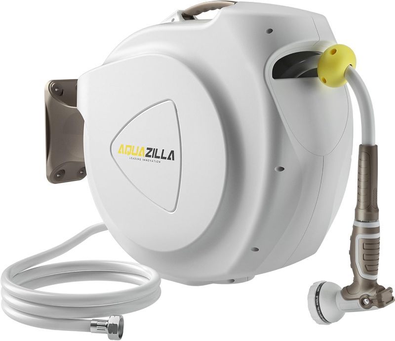 Photo 1 of Semi Used Retractable Garden Hose Reel, 1/2 in 75+6ft, Heavy Duty Wall Mounted Water Hose Reel, Spring power Automatic Rewind, Any Length Lock, 180° Swivel Bracket, 10 Pattern Spray Nozzle