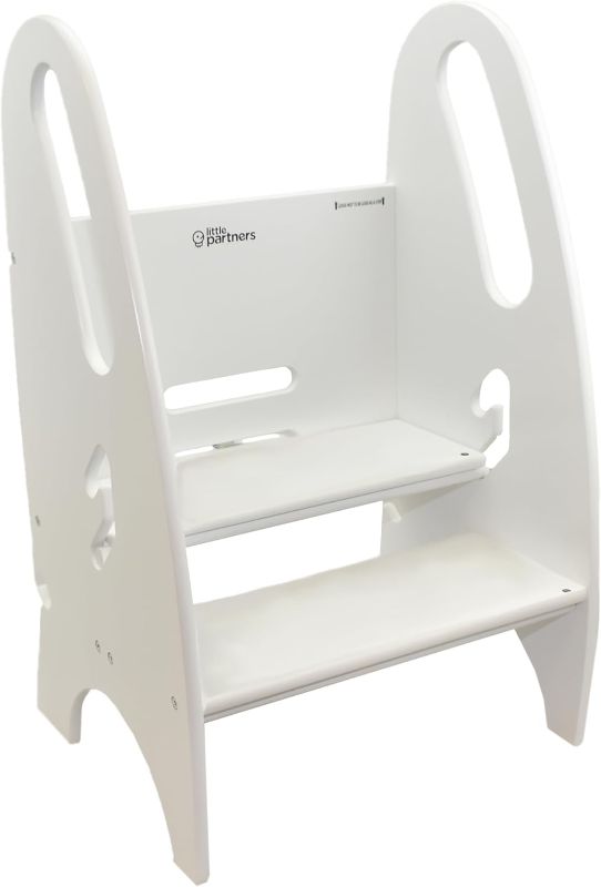 Photo 1 of Little Partners 3-in-1 Growing Step Stool Toddler Tower Helper Step Stool, Wooden Standing Stool for Bathroom or Kitchen, Anti-Slip Feet, Built-in Safety Hand Rails Up to 100 lbs. (Soft White)