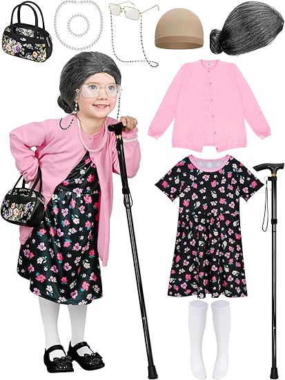 Photo 1 of Size 5-7 Yrs *Missing Purse* 100 Days of School Cosplay Set for Girls, Old Lady Dress Up for Kids, 100th Day School Granny Wig Accessories Outfit