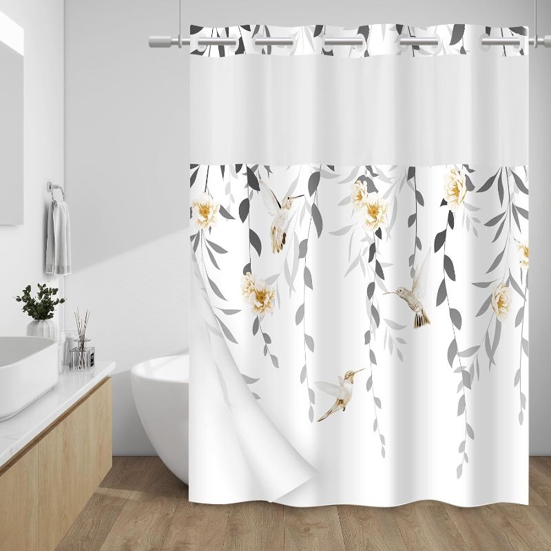 Photo 1 of No Hook Shower Curtain with Snap in Liner - Fabric Waterproof Inner Liner, Plants Yellow Floral Grey Nature Birds Cloth Shower Curtains Washable, 71 x 74 Inch