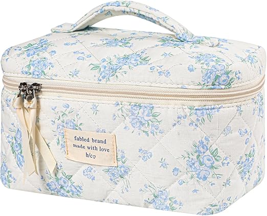 Photo 1 of Large Travel Quilted Makeup Bag for Women, Floral Cotton Cosmetic Bag, Coquette Aesthetic Floral Toiletry Organizer Bag