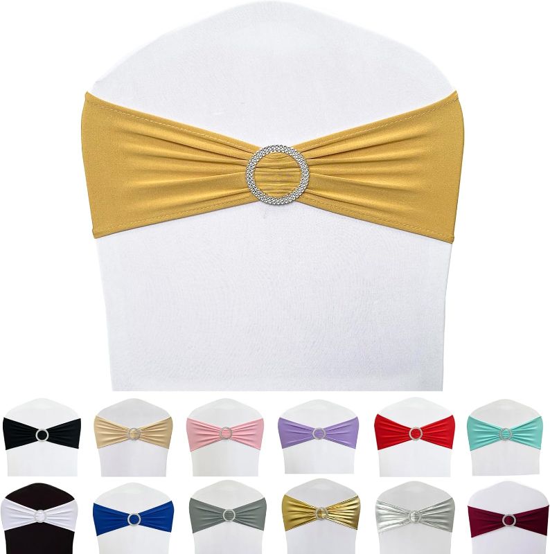 Photo 1 of Spandex Chair Sashes Bands 50PCS Stretch Chair Ties Bows with Buckle Slider for Wedding Party Banquet Decoration (Gold)…