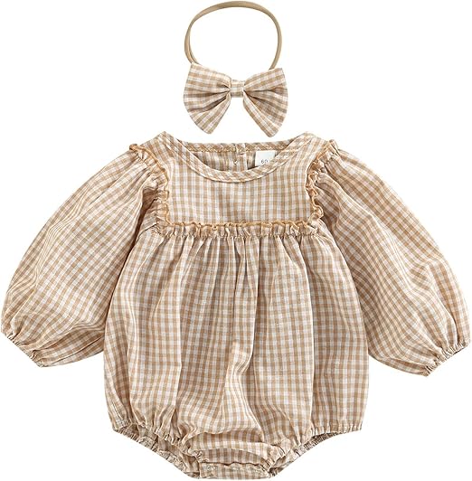 Photo 1 of Size 0-3 Months Douhoow Infant Baby Girl Plaid Romper Baby Sweatshirt Romper Ruffle Festival Clothes Fall Winter Outfits with Headband ( Missing Headband) 