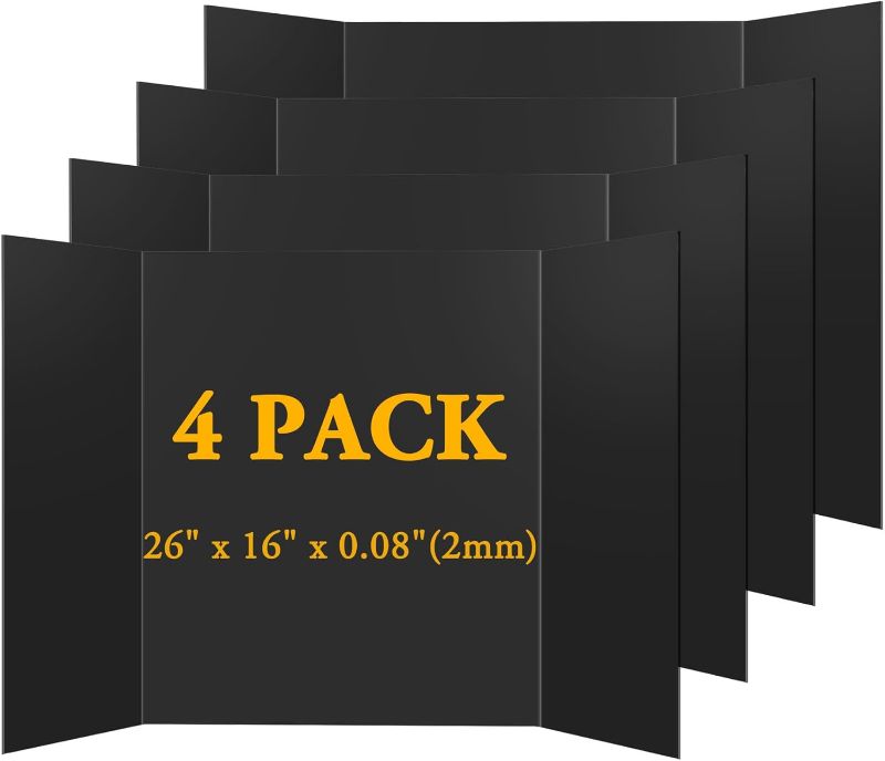 Photo 1 of *One Minor Damaged** 4PCS Medium Trifold Poster Board 26" x 16" Black Tri Fold Presentation Boards, Corrugated Cardboard Picture/Project Display Boards for Event, Exhibition, Business, School Project, Science Fair
